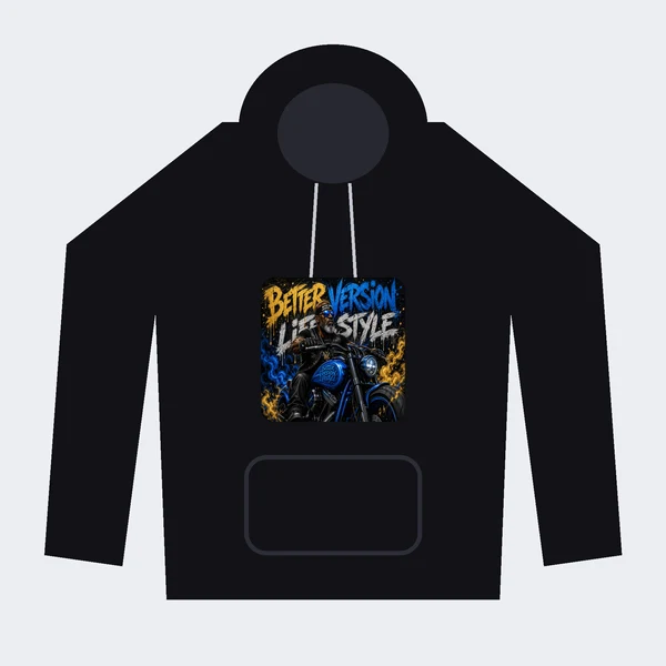 BVL hoodie mockup with Better Version Lifestyle biker artwork